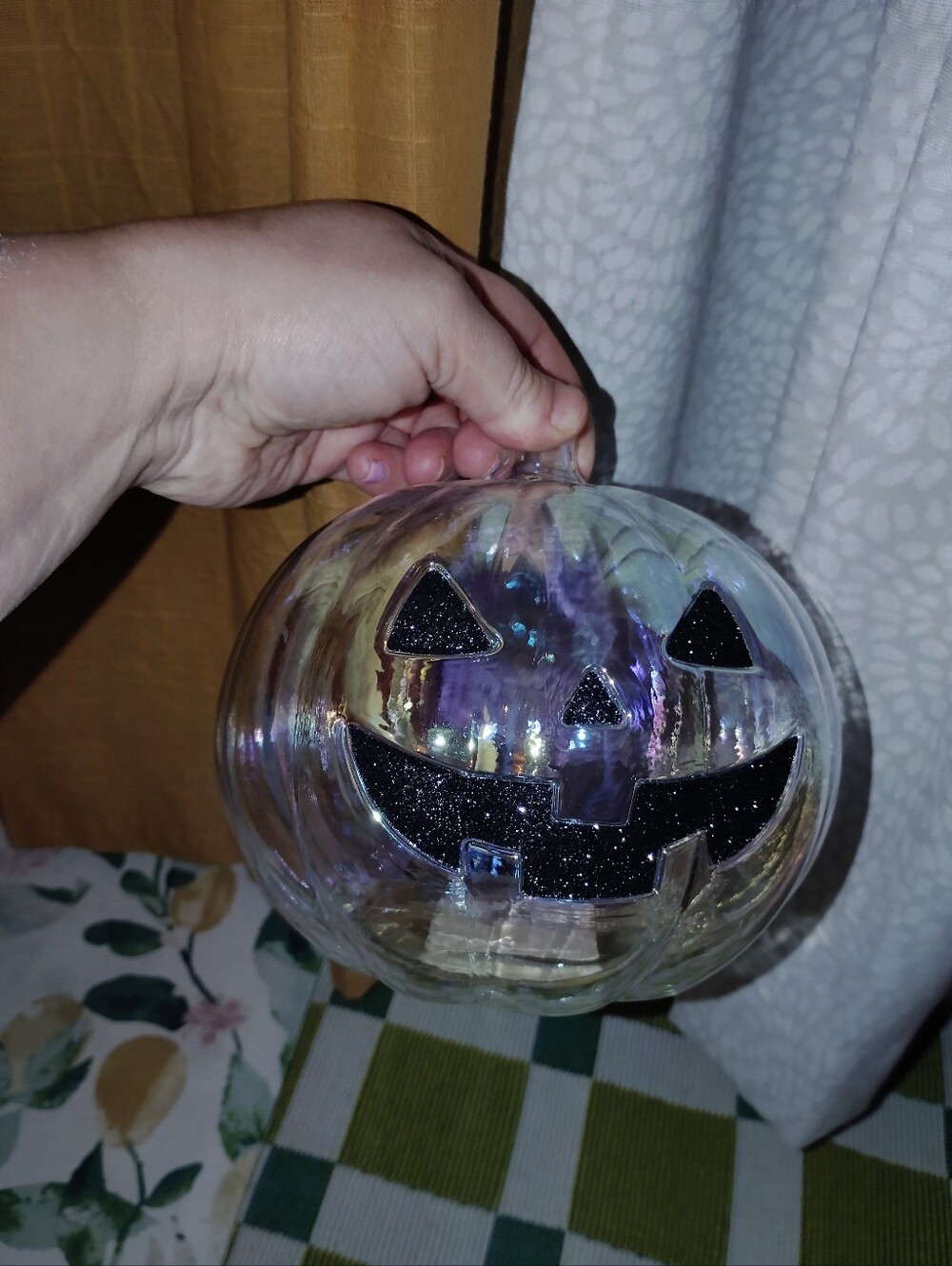 Hyde & Eek Smaller Size Iridescent Clear Pumpkin Decor Black Glitter Face New